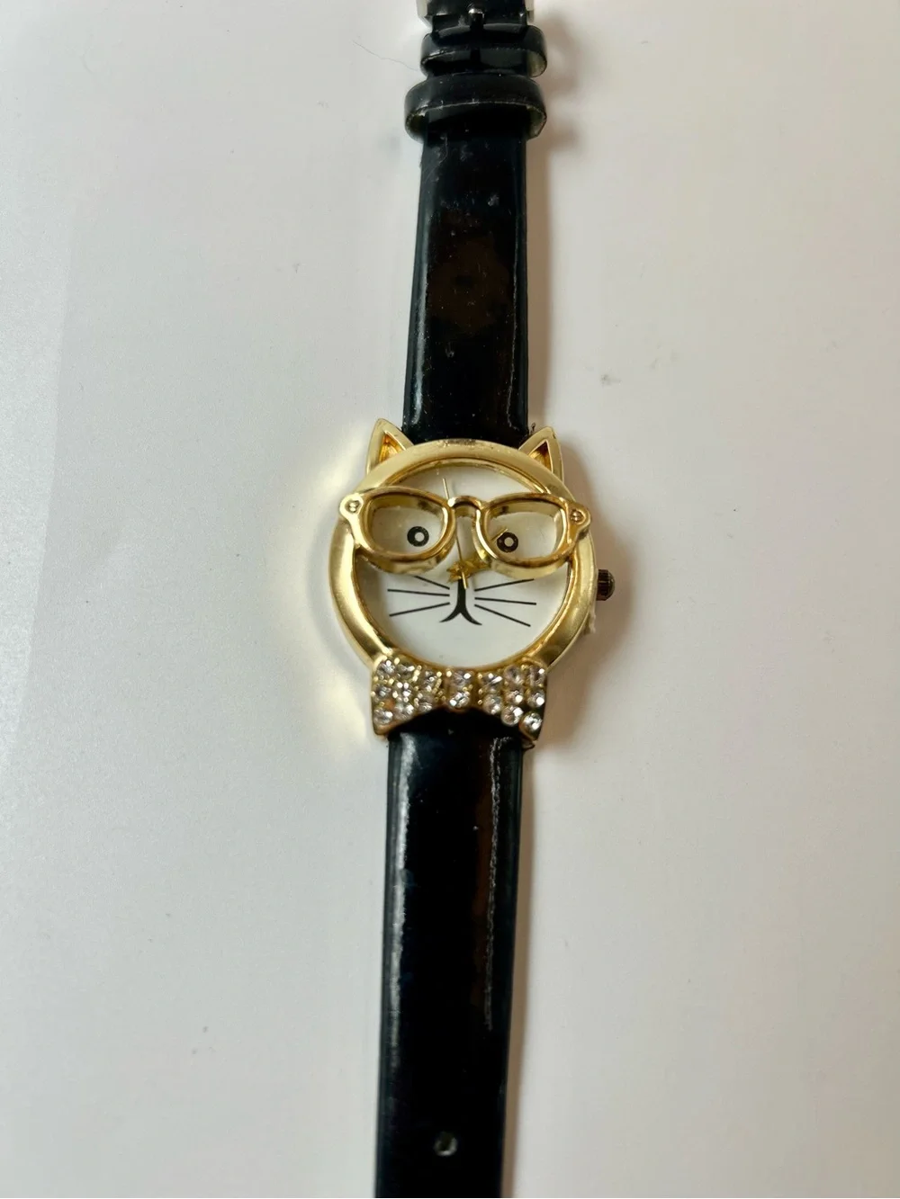 Cat Face Watch with Gold Accents and Black Strap